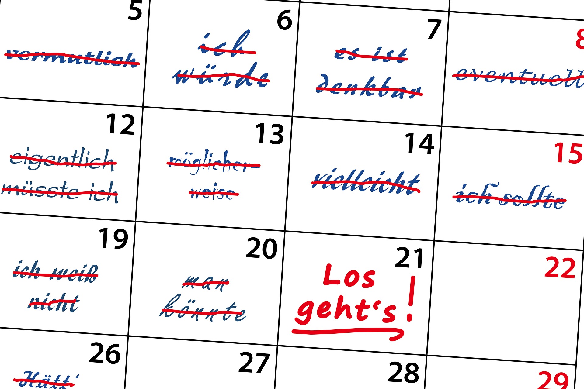 Blog | Priorisieren | Wachsen im Wechsel Martina Pietsch, Kalenderausschnitt mit Einträgen von "vermutlich", "Vielleicht" usw. bis "Los gehts!"